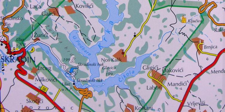 Sur cette carte les différent bras de la Krka sont bien visibles.