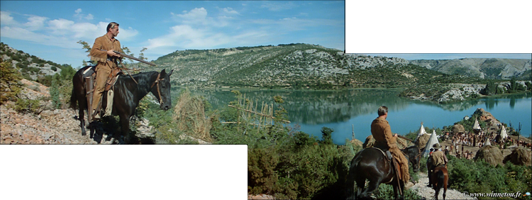 Old Shatterhand amène un bandit au camp des apaches (panoramique tiré du film).